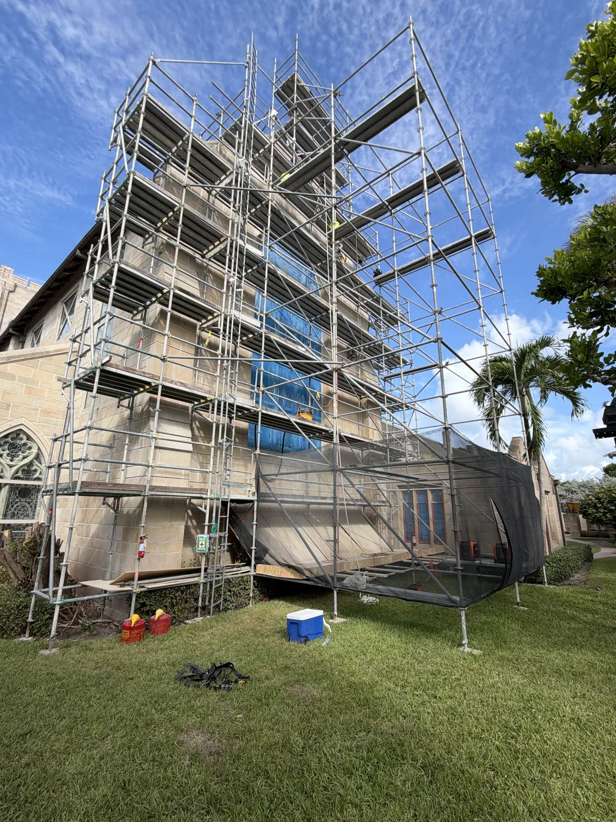 The Church of Bethesda-by-the-Sea in Palm Beach, Florida under full scaffolding for stone restoration by Anthony Pennacchi & Sons